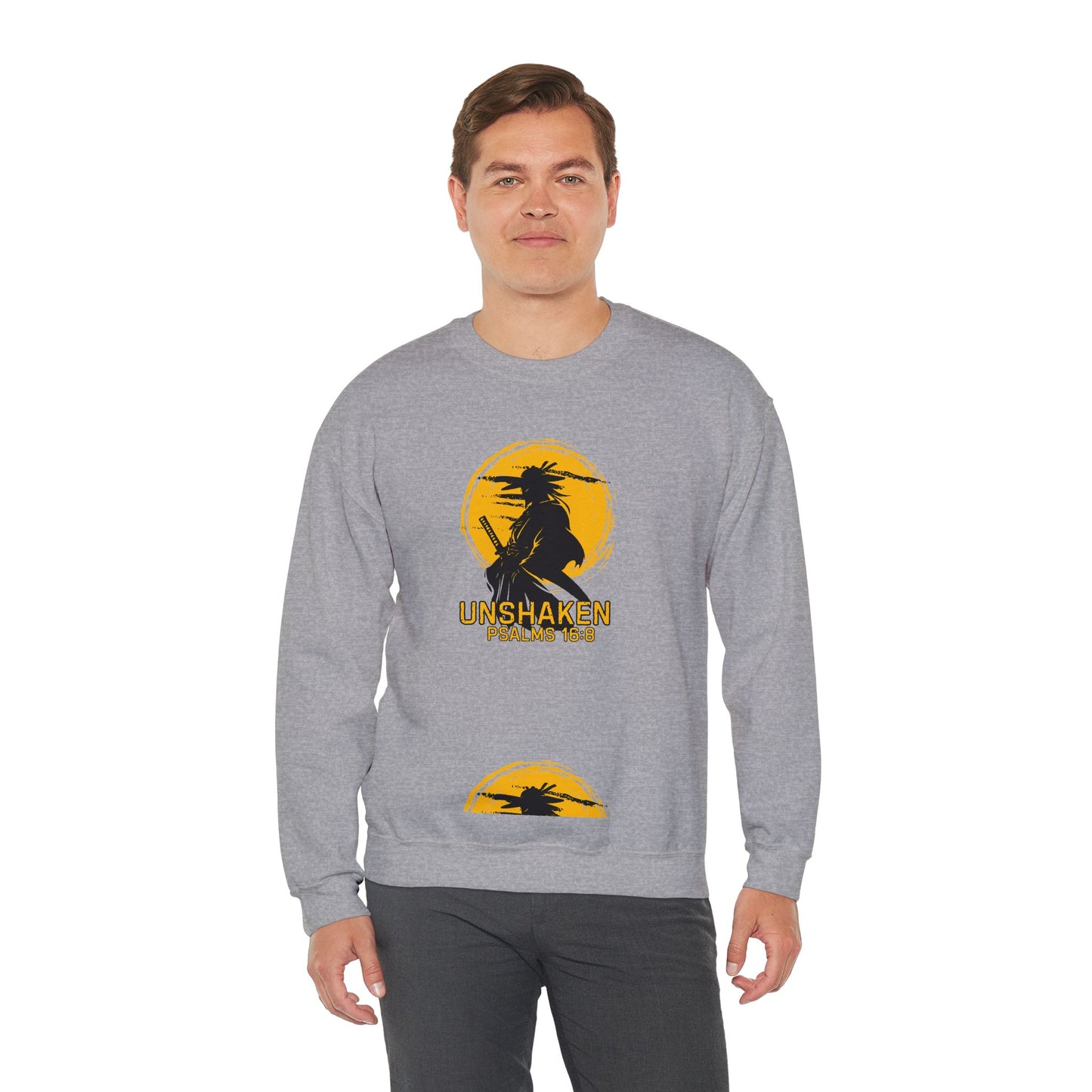 Unshaken Crewneck Sweatshirt — Psalms 16:8 Faith Graphic