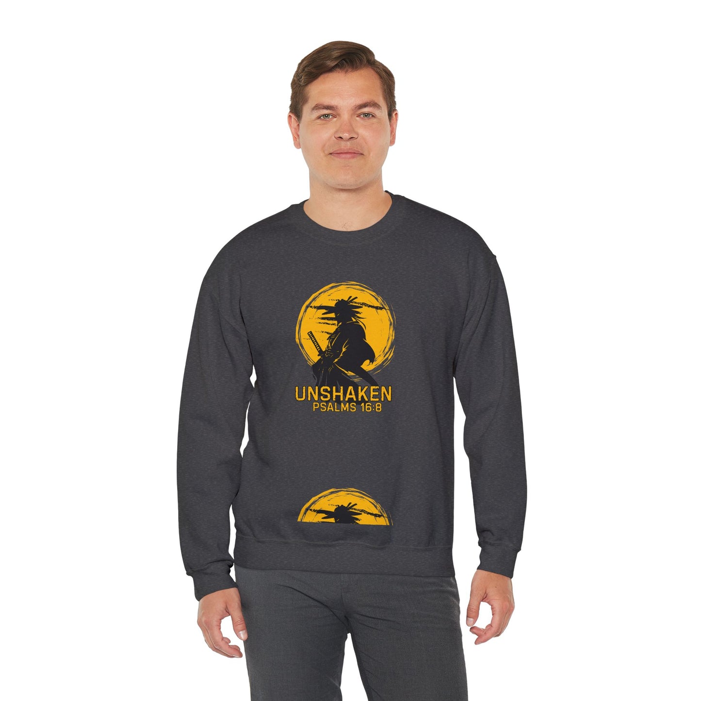 Unshaken Crewneck Sweatshirt — Psalms 16:8 Faith Graphic