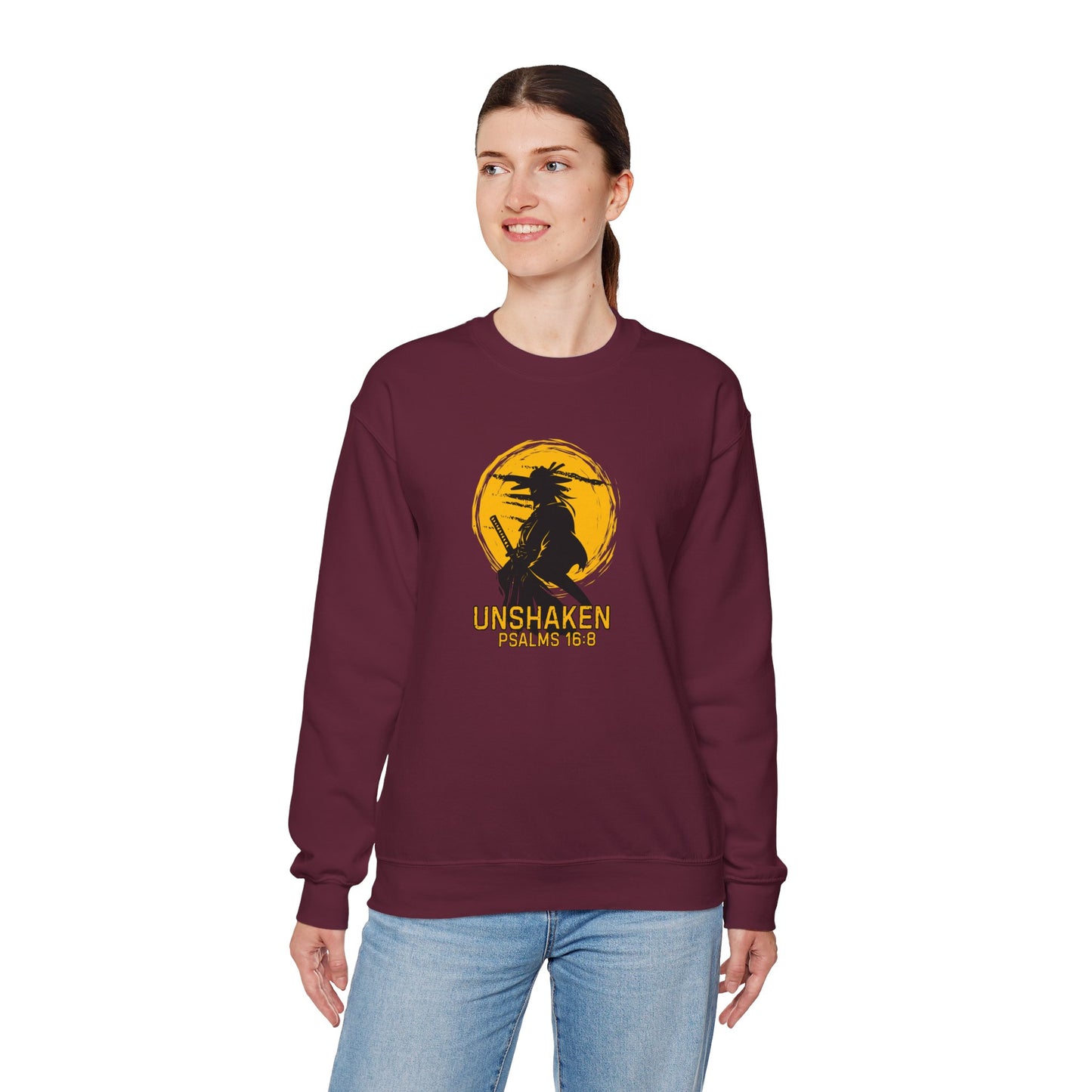 Unshaken Crewneck Sweatshirt — Psalms 16:8 Faith Graphic