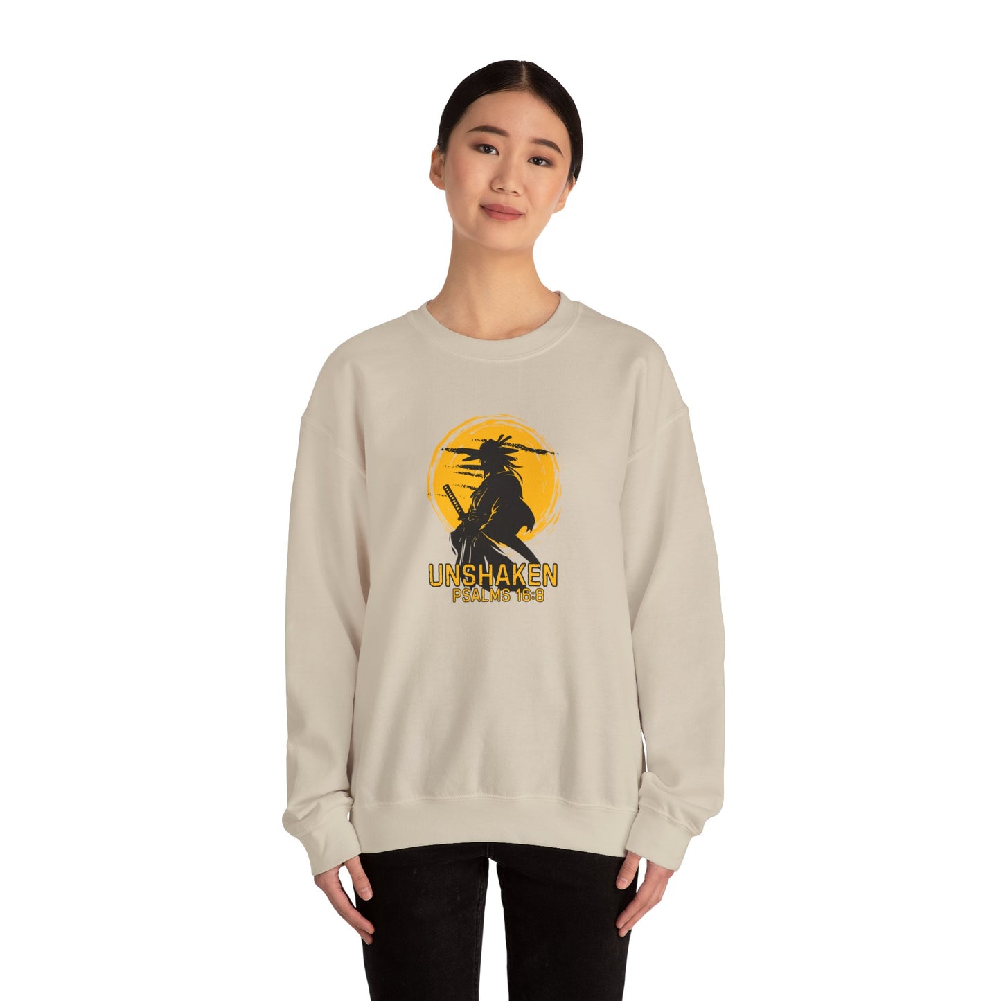 Unshaken Crewneck Sweatshirt — Psalms 16:8 Faith Graphic