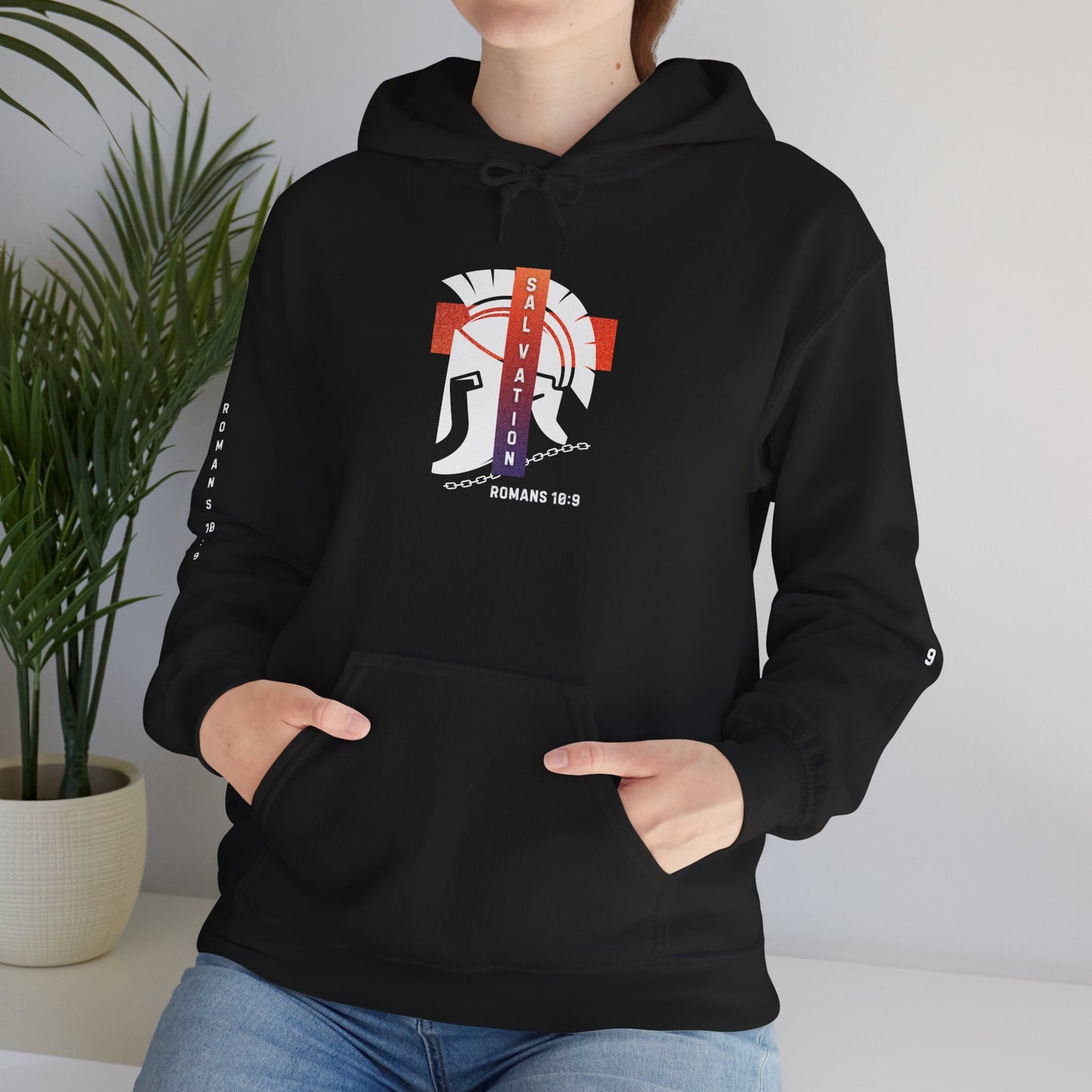 Christian Faith Hoodie with Roman 10:9 and Ephesians 6:17 Design