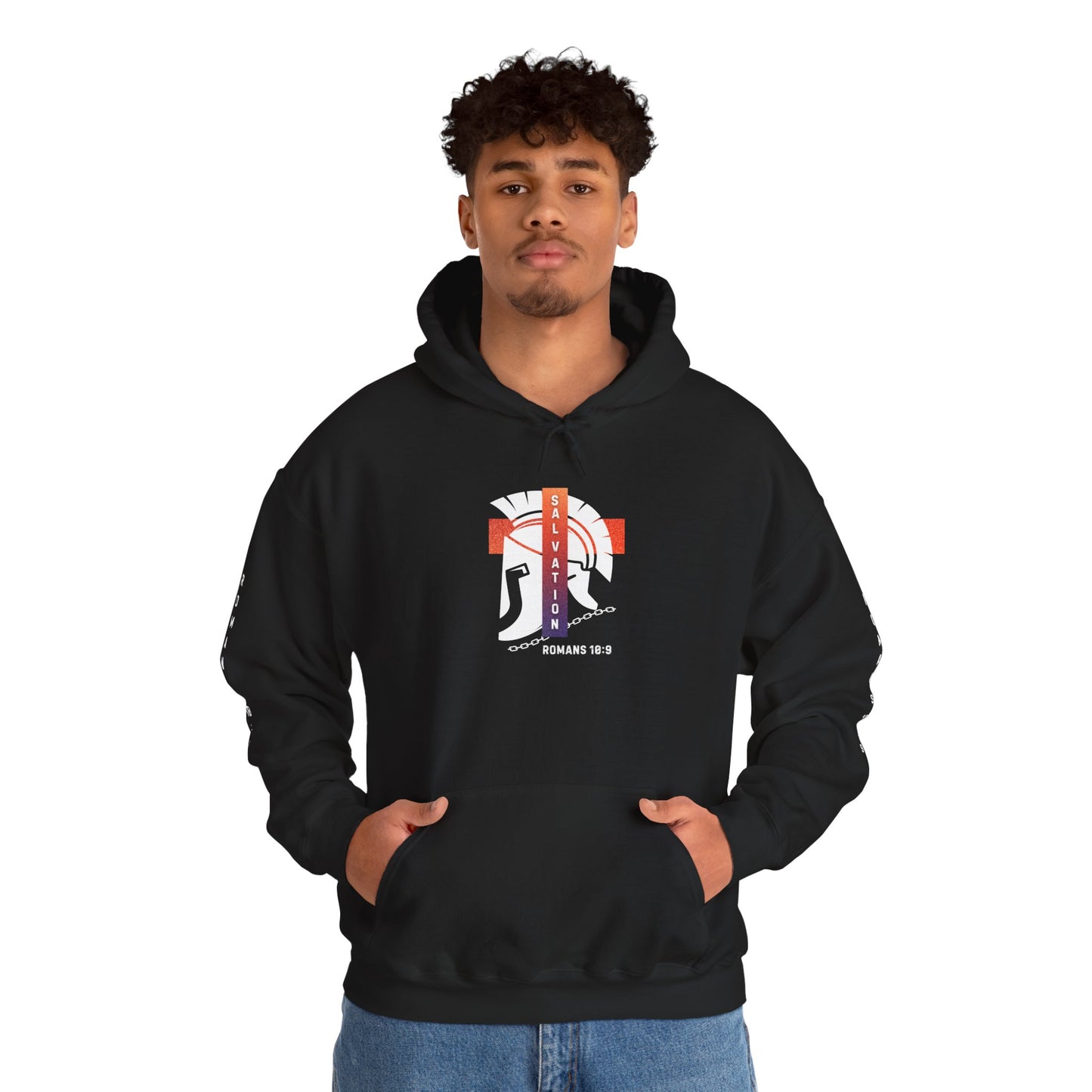 Christian Faith Hoodie with Roman 10:9 and Ephesians 6:17 Design