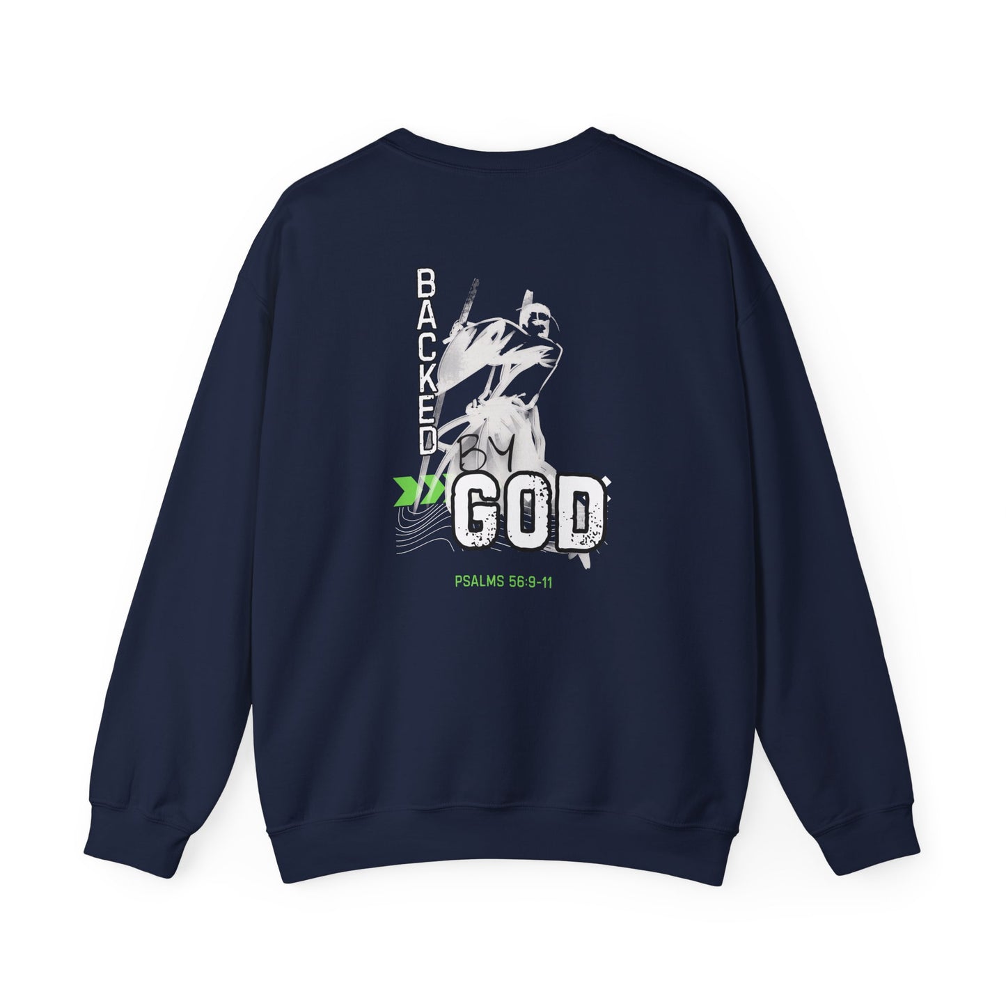 Backed By God Crewneck Sweatshirt — Psalm 56:9-11 Inspirational Faith Top
