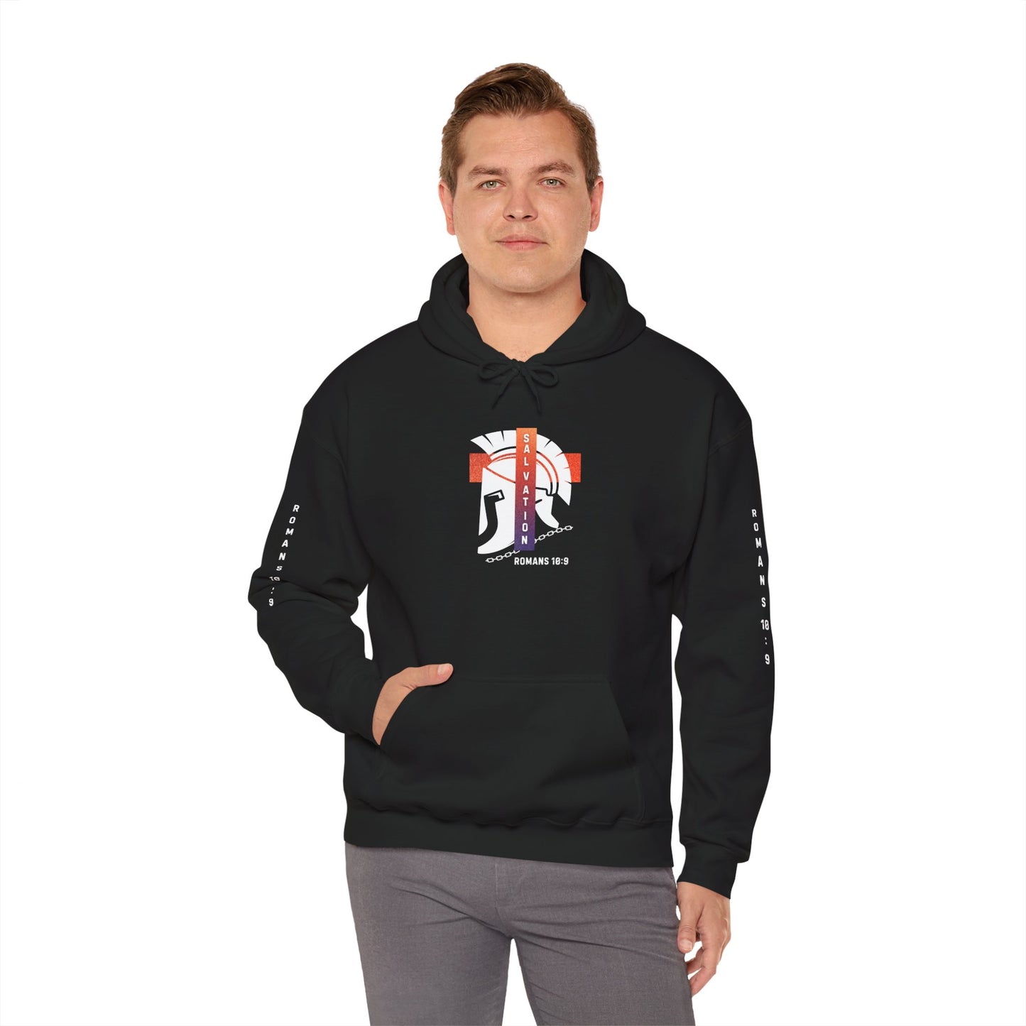 Christian Faith Hoodie with Roman 10:9 and Ephesians 6:17 Design