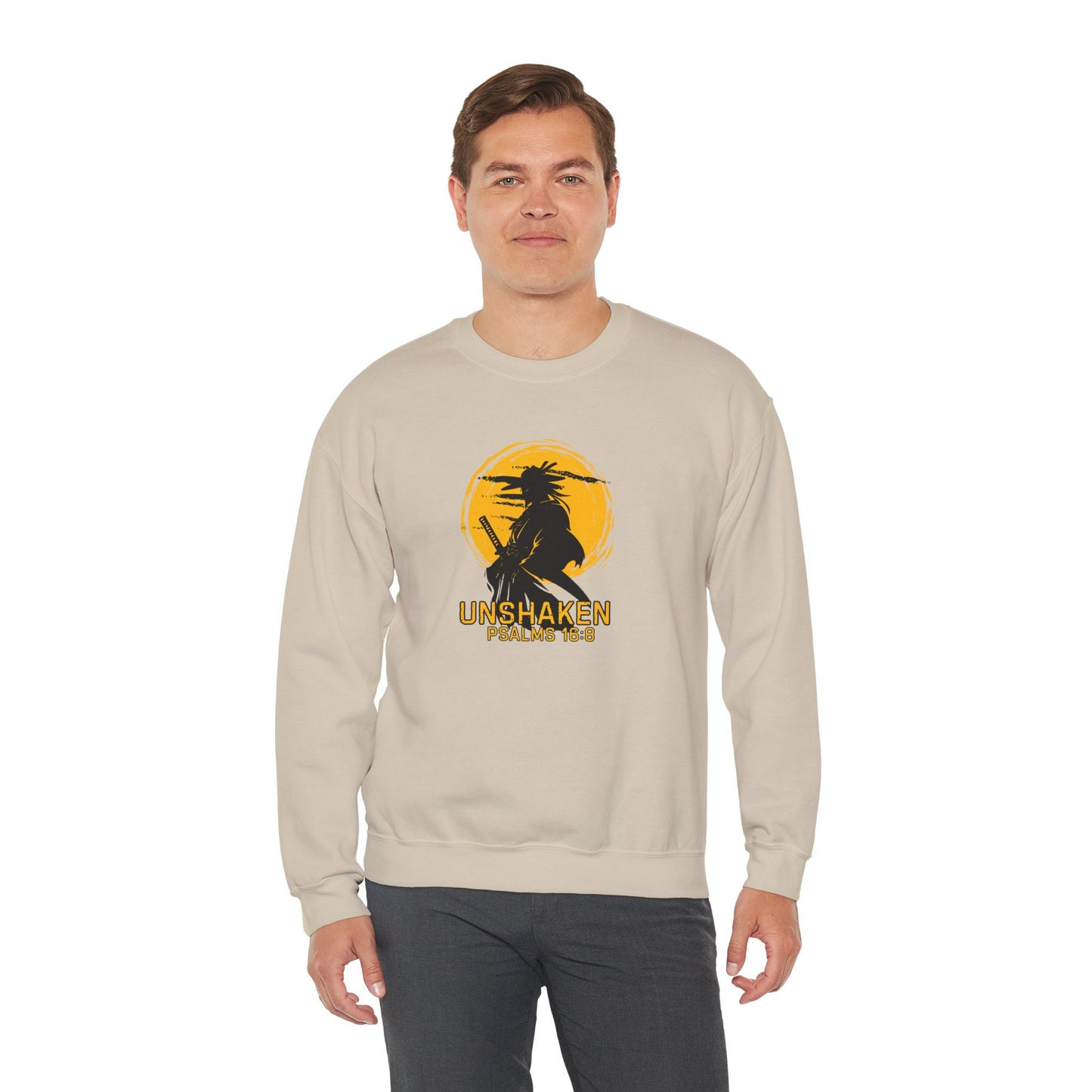 Unshaken Crewneck Sweatshirt — Psalms 16:8 Faith Graphic