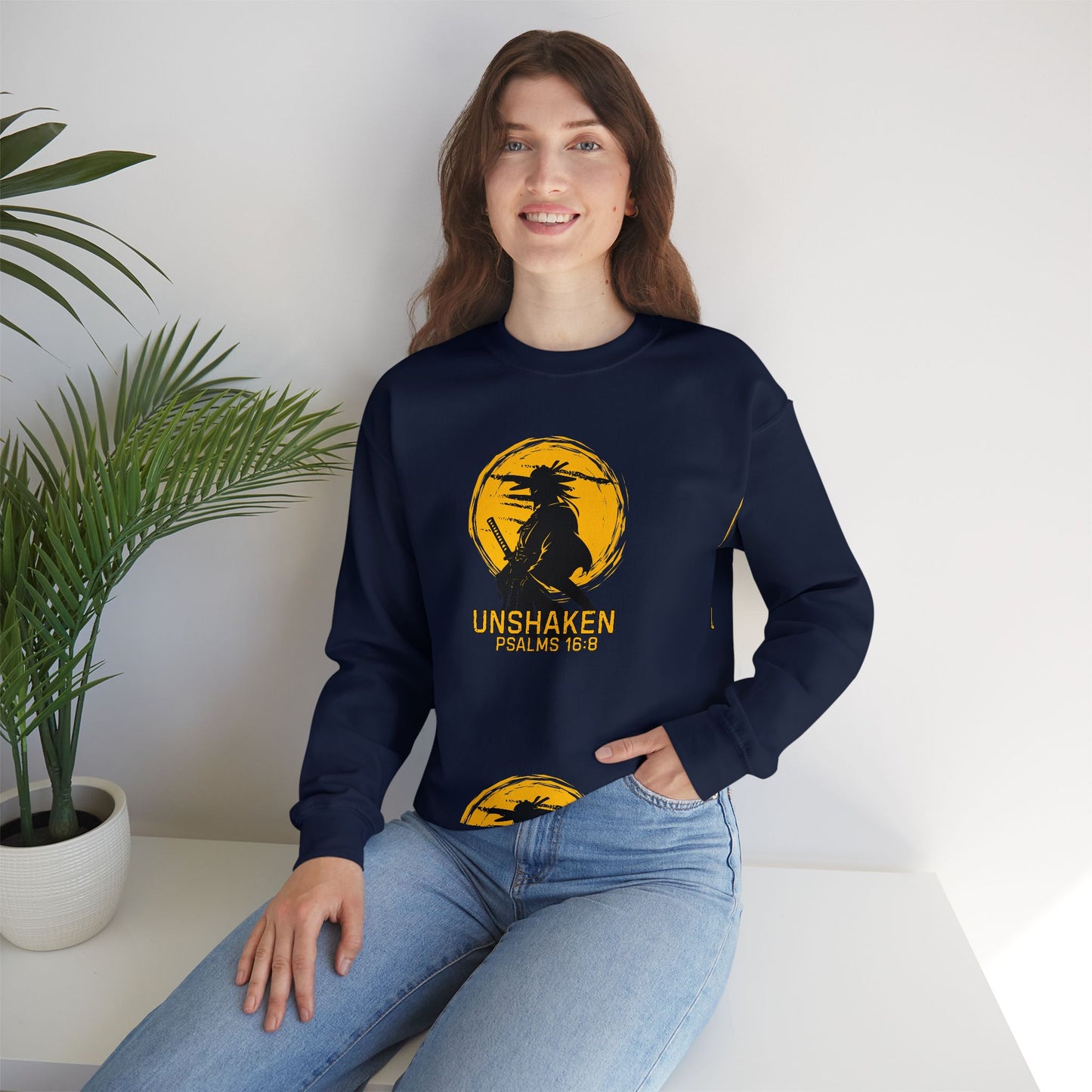 Unshaken Crewneck Sweatshirt — Psalms 16:8 Faith Graphic