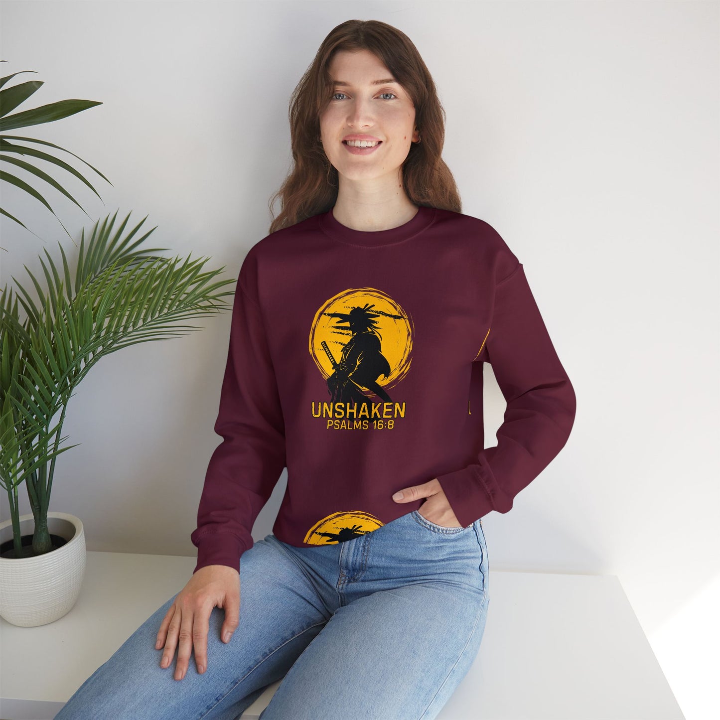 Unshaken Crewneck Sweatshirt — Psalms 16:8 Faith Graphic