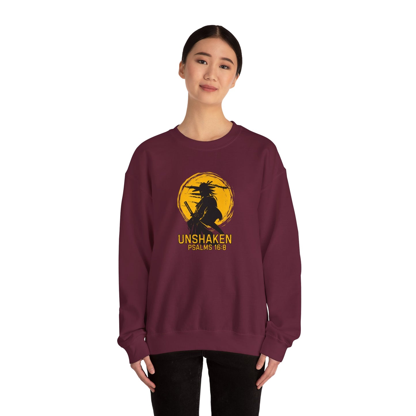 Unshaken Crewneck Sweatshirt — Psalms 16:8 Faith Graphic