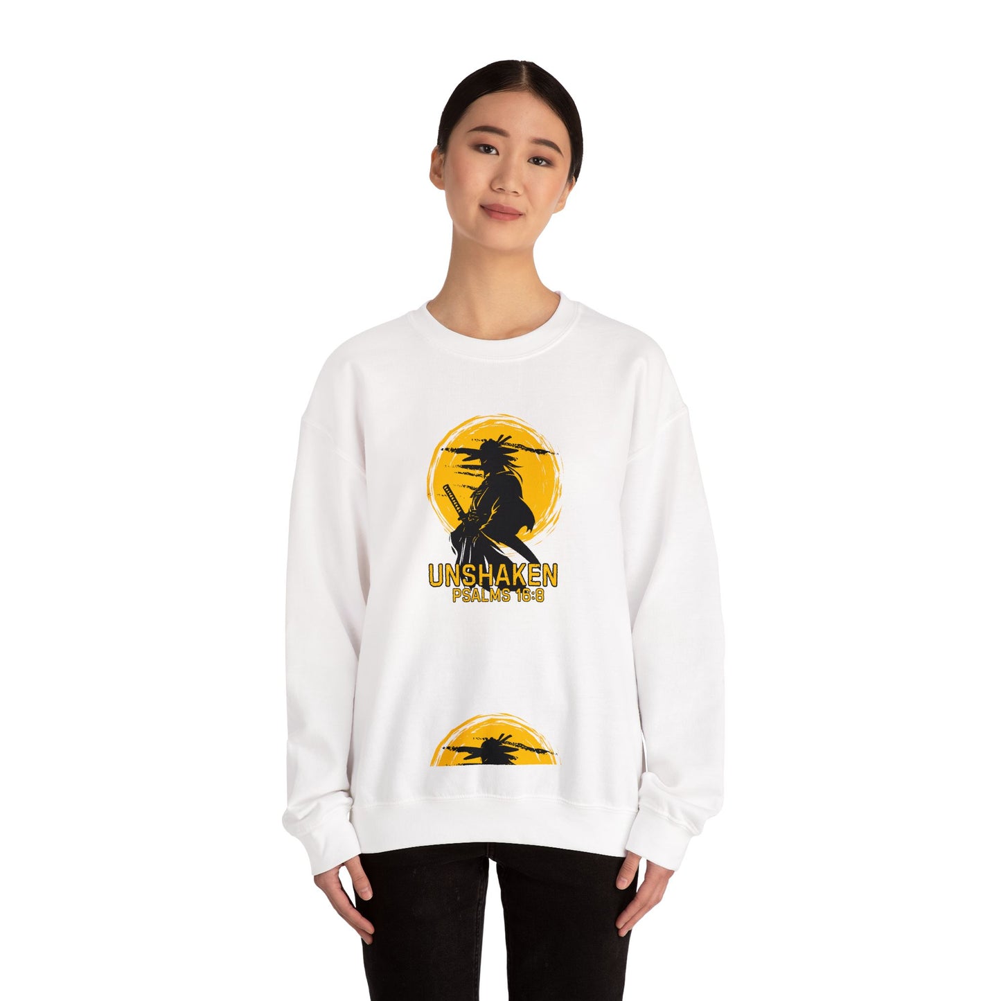 Unshaken Crewneck Sweatshirt — Psalms 16:8 Faith Graphic