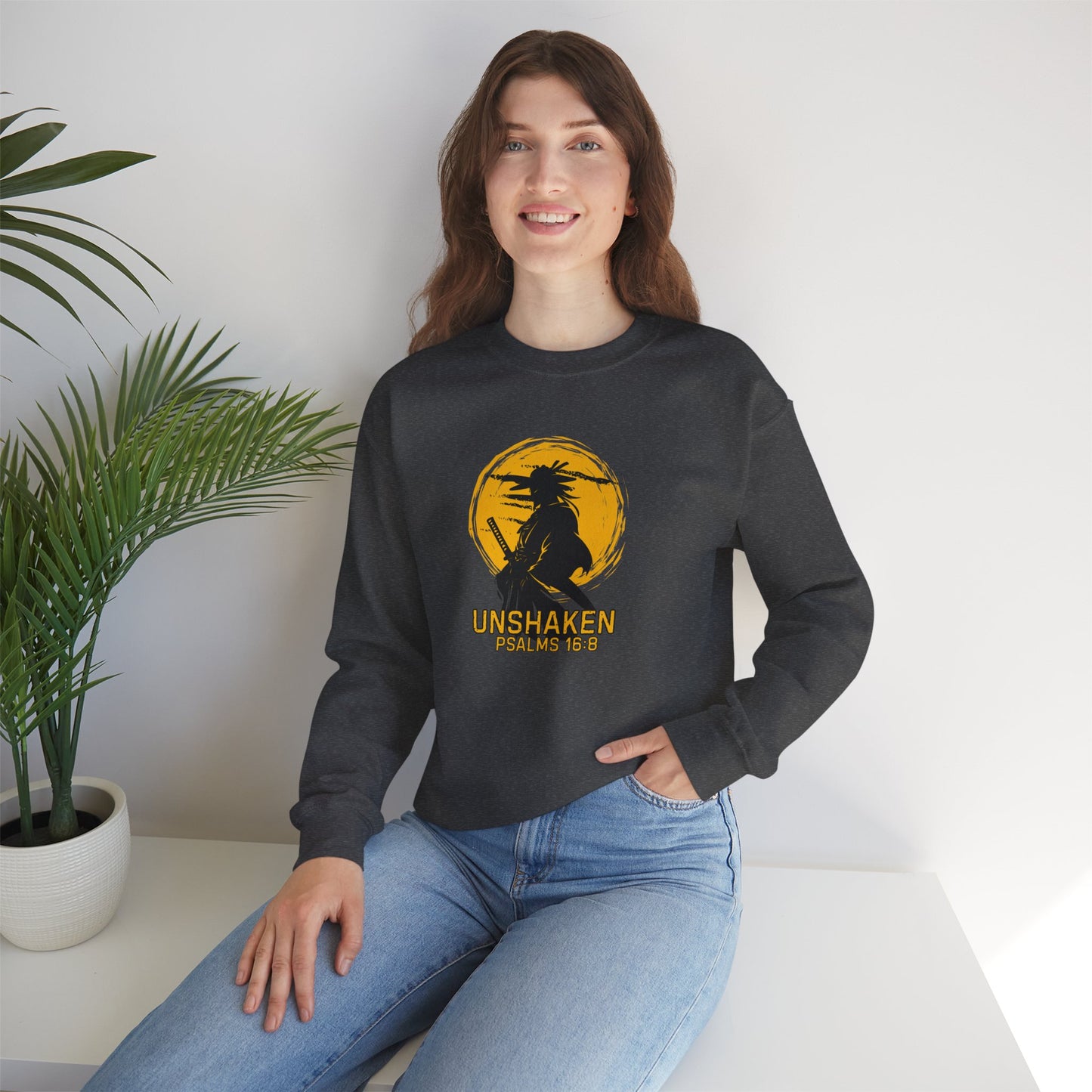 Unshaken Crewneck Sweatshirt — Psalms 16:8 Faith Graphic