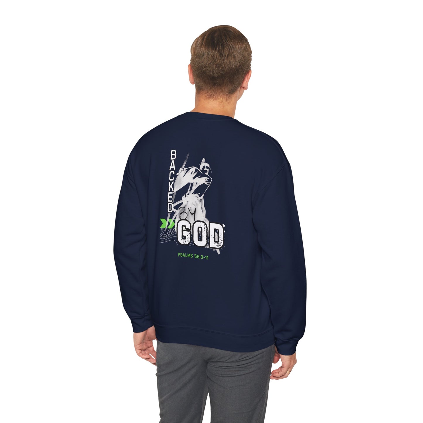Backed By God Crewneck Sweatshirt — Psalm 56:9-11 Inspirational Faith Top
