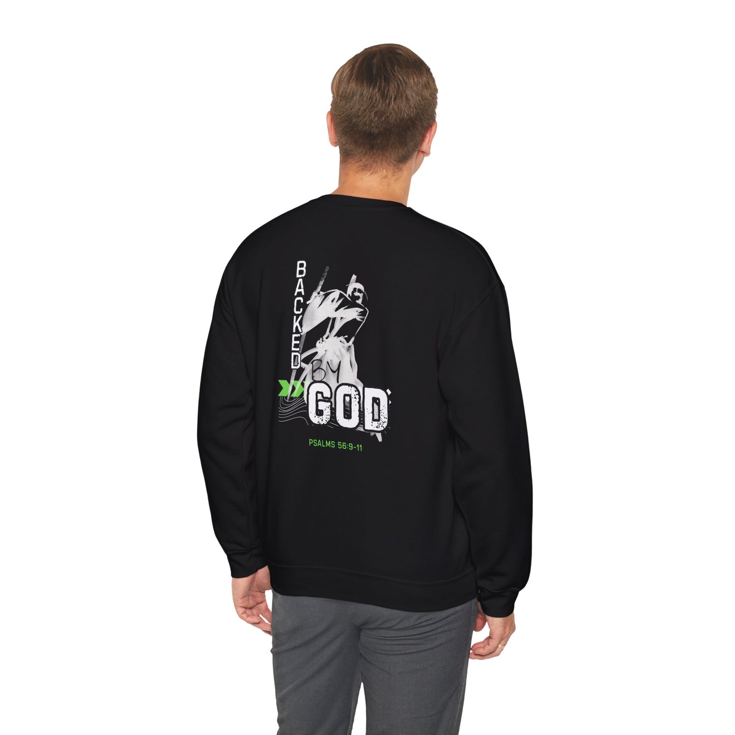 Backed By God Crewneck Sweatshirt — Psalm 56:9-11 Inspirational Faith Top