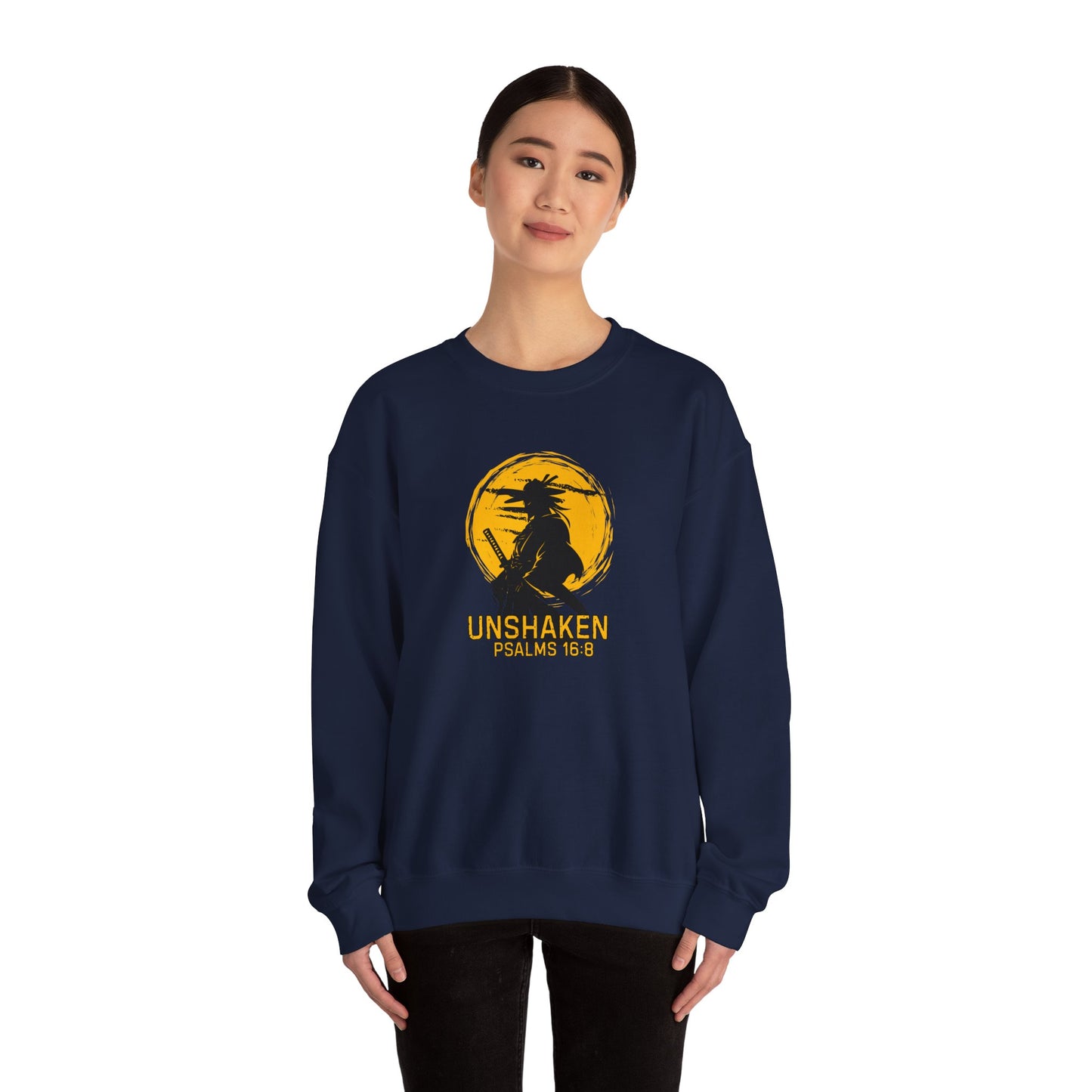 Unshaken Crewneck Sweatshirt — Psalms 16:8 Faith Graphic