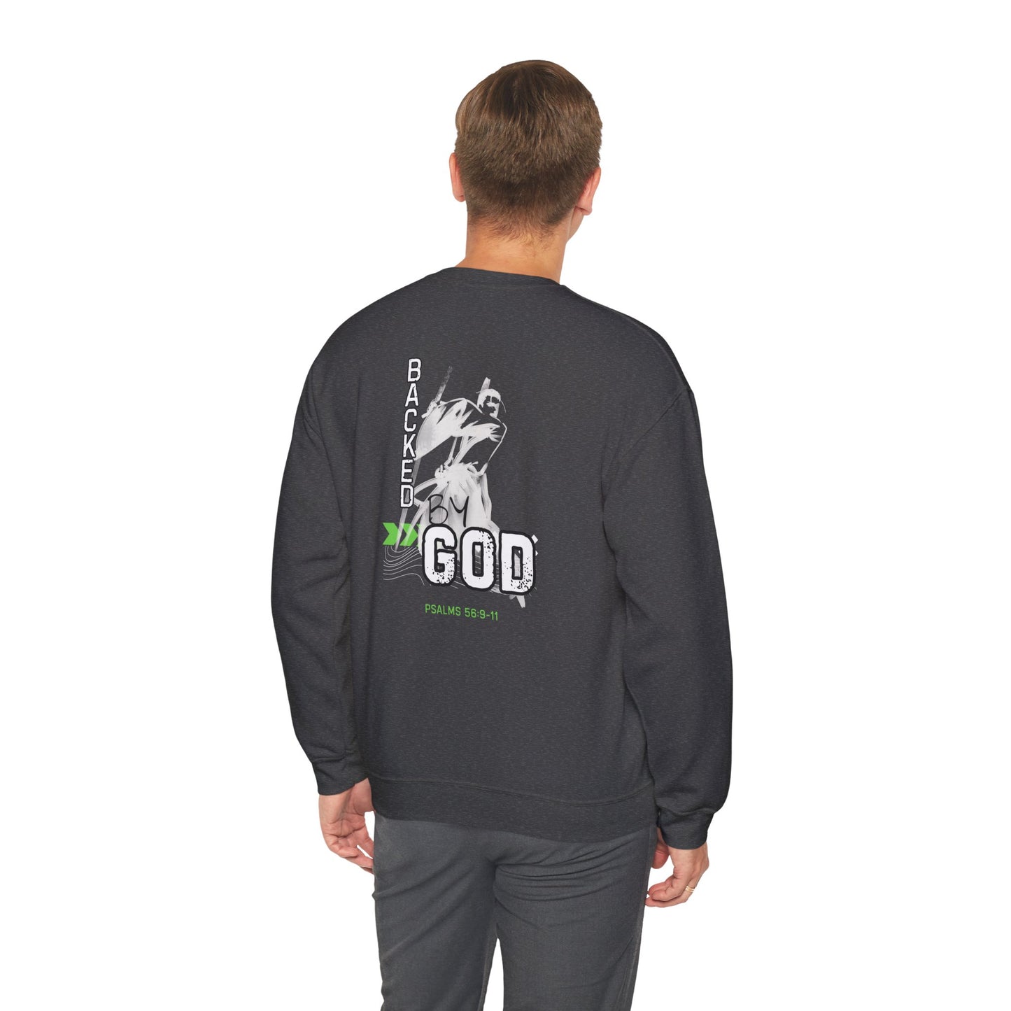 Backed By God Crewneck Sweatshirt — Psalm 56:9-11 Inspirational Faith Top