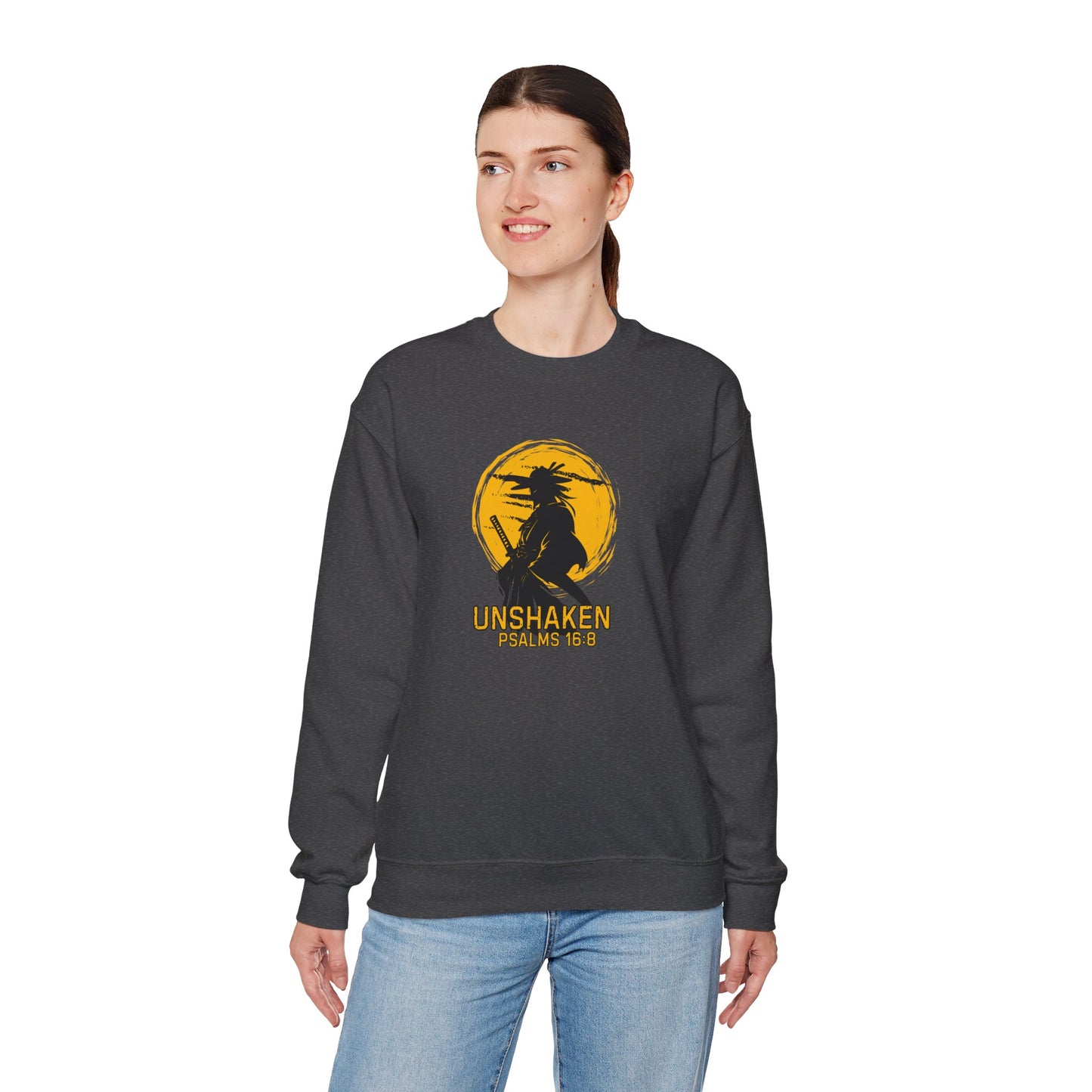 Unshaken Crewneck Sweatshirt — Psalms 16:8 Faith Graphic