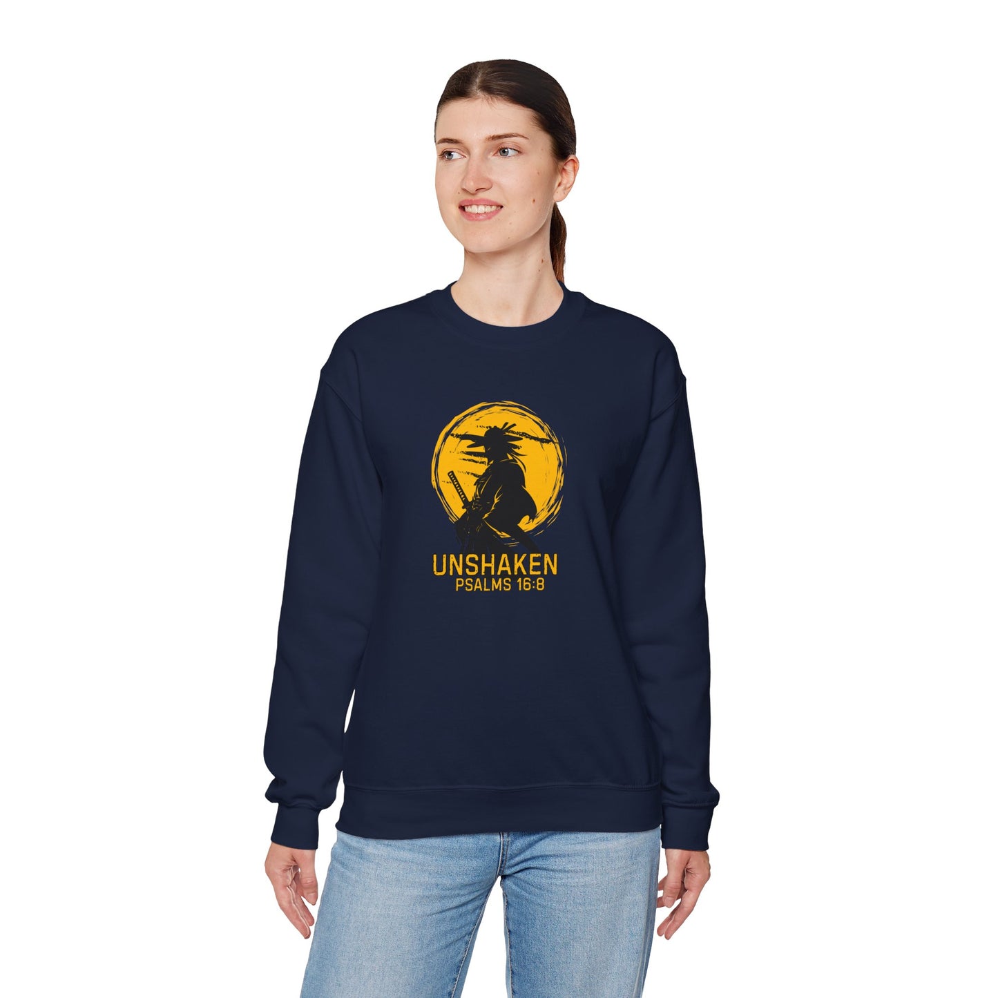 Unshaken Crewneck Sweatshirt — Psalms 16:8 Faith Graphic