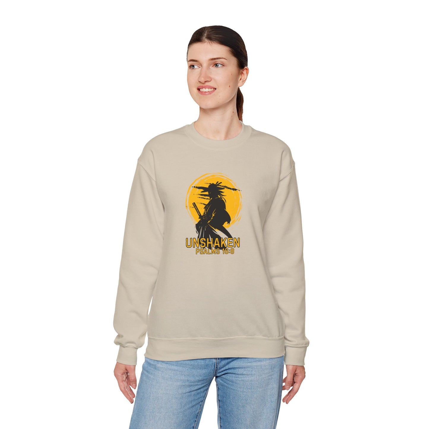 Unshaken Crewneck Sweatshirt — Psalms 16:8 Faith Graphic
