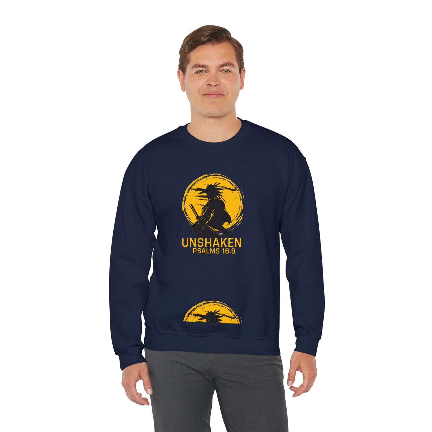 Unshaken Crewneck Sweatshirt — Psalms 16:8 Faith Graphic