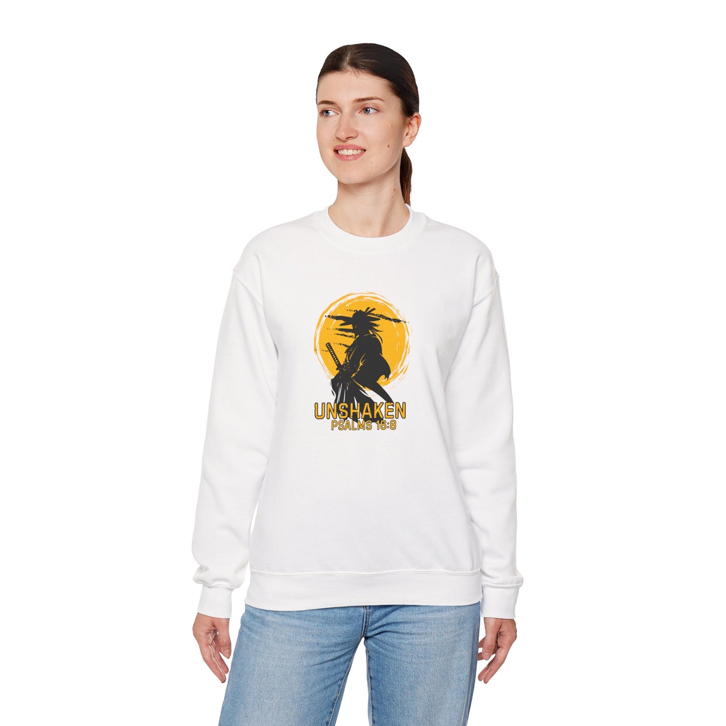 Unshaken Crewneck Sweatshirt — Psalms 16:8 Faith Graphic