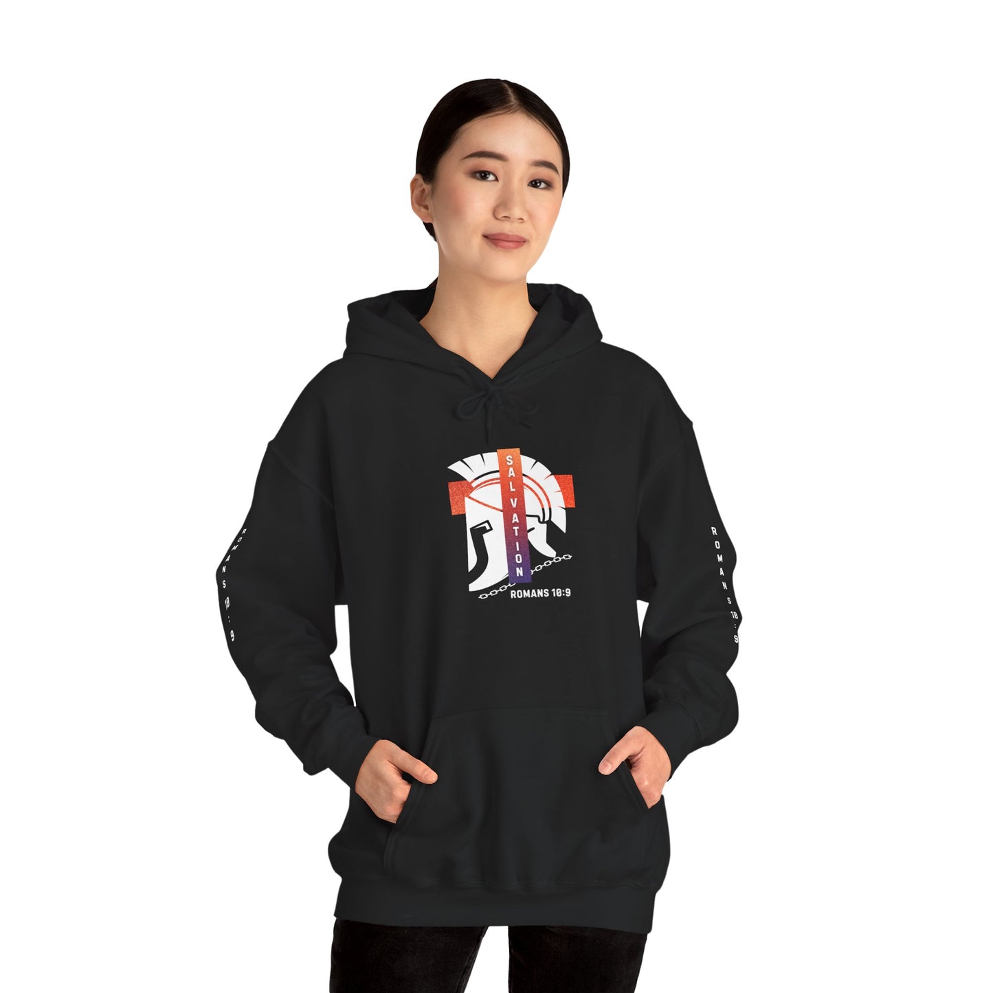 Christian Faith Hoodie with Roman 10:9 and Ephesians 6:17 Design