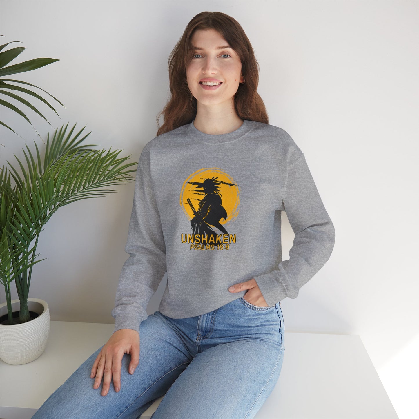 Unshaken Crewneck Sweatshirt — Psalms 16:8 Faith Graphic