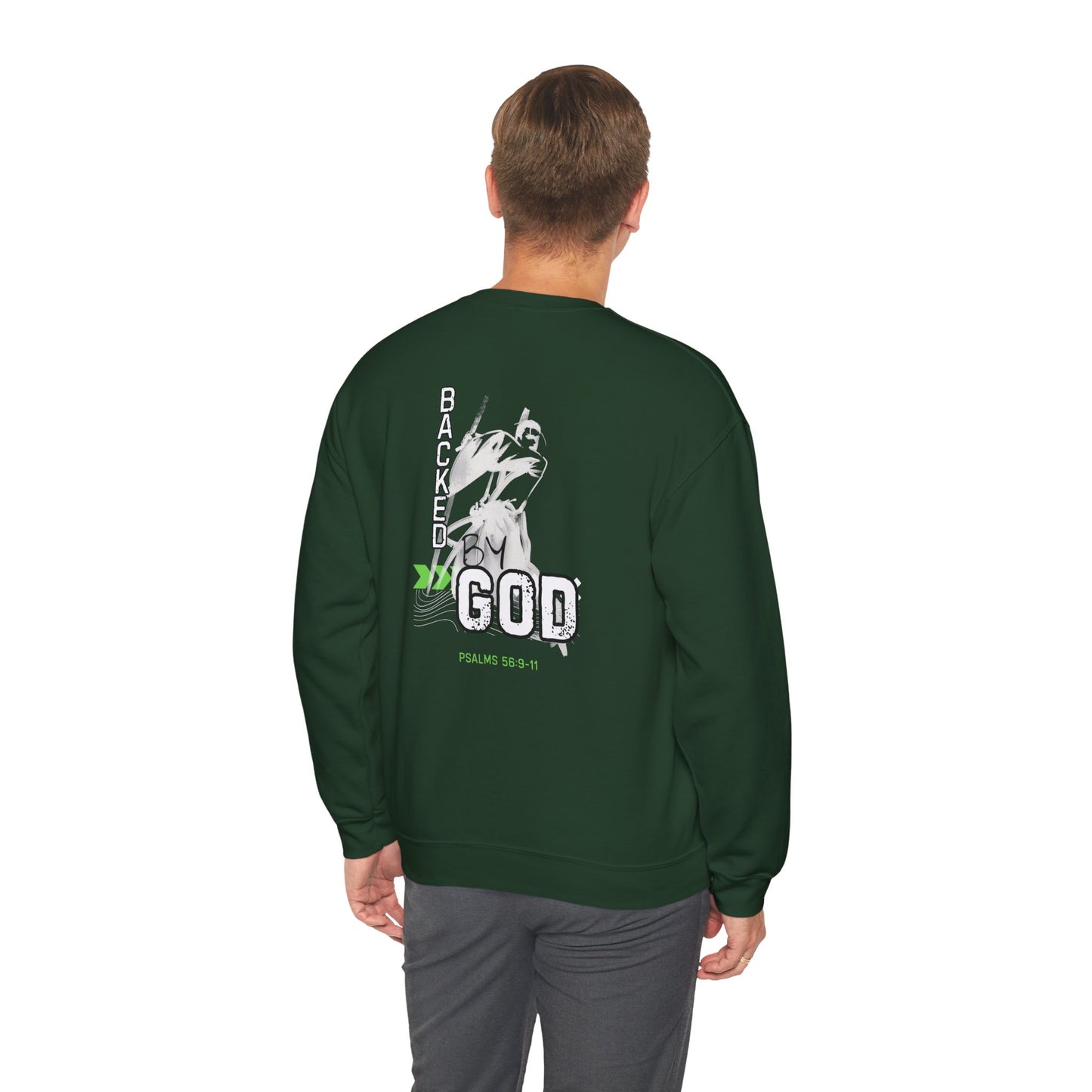Backed By God Crewneck Sweatshirt — Psalm 56:9-11 Inspirational Faith Top