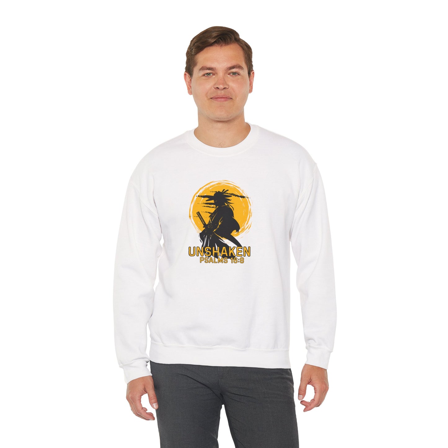 Unshaken Crewneck Sweatshirt — Psalms 16:8 Faith Graphic