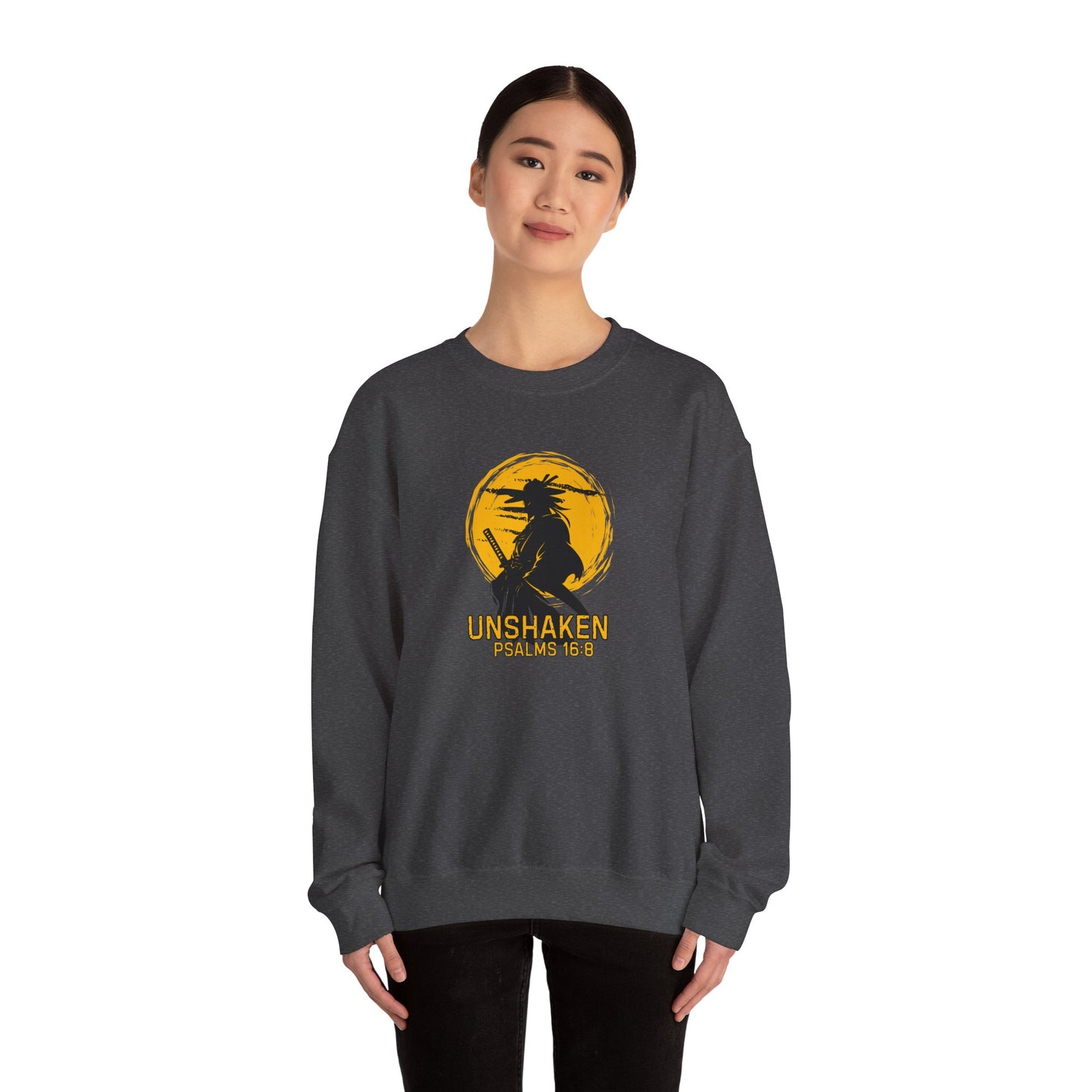 Unshaken Crewneck Sweatshirt — Psalms 16:8 Faith Graphic